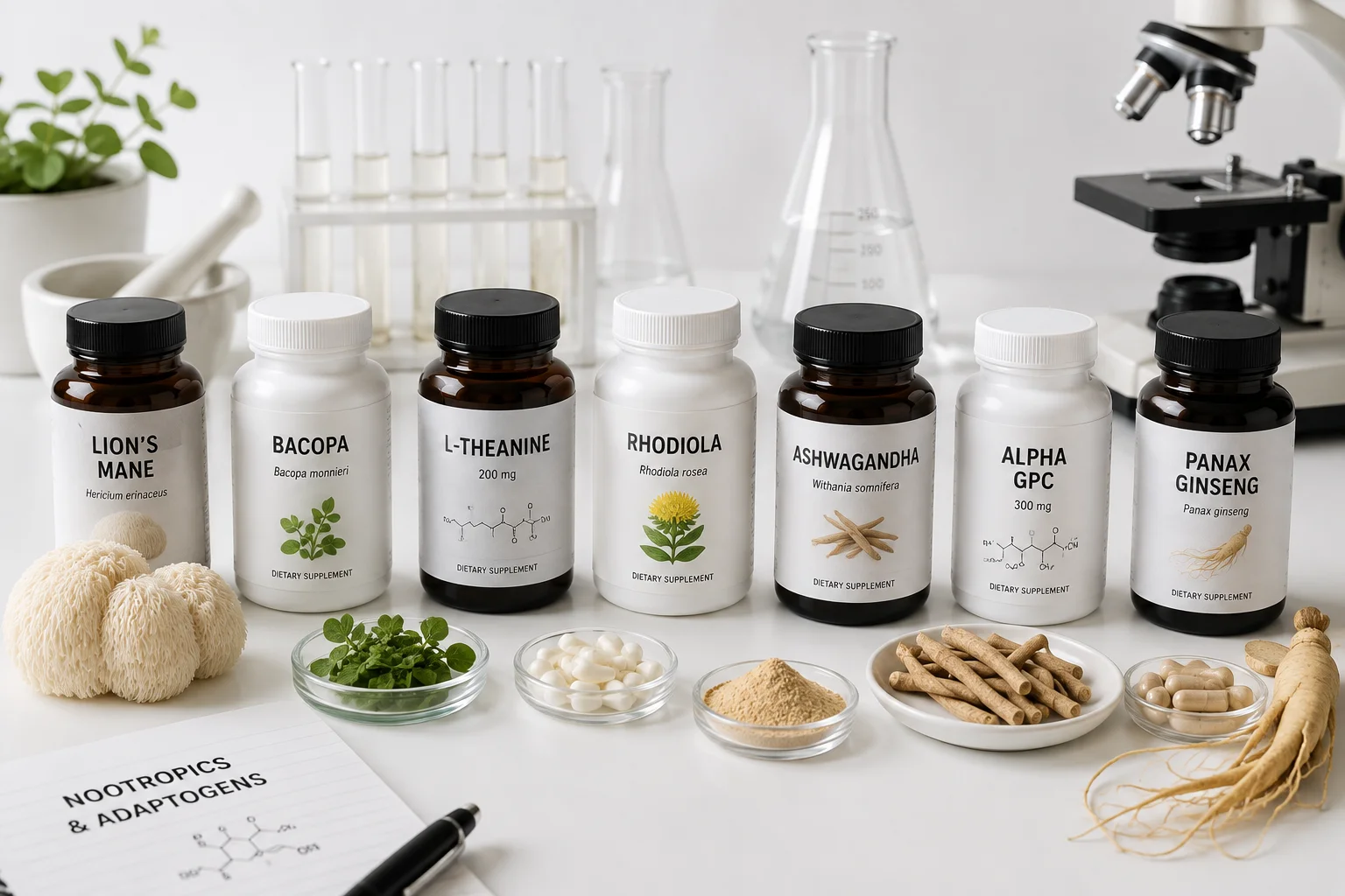 A selection of nootropic supplements and adaptogens arranged on a clean white laboratory surface.