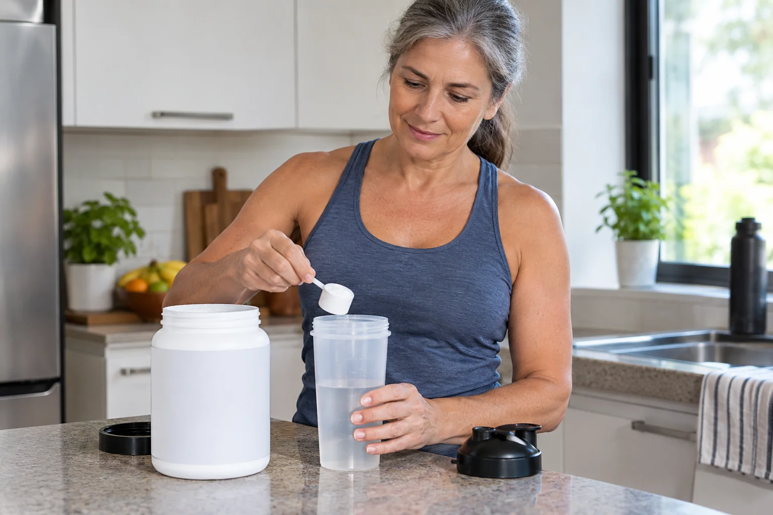Woman in her 50s preparing a creatine supplement drink in her kitchen