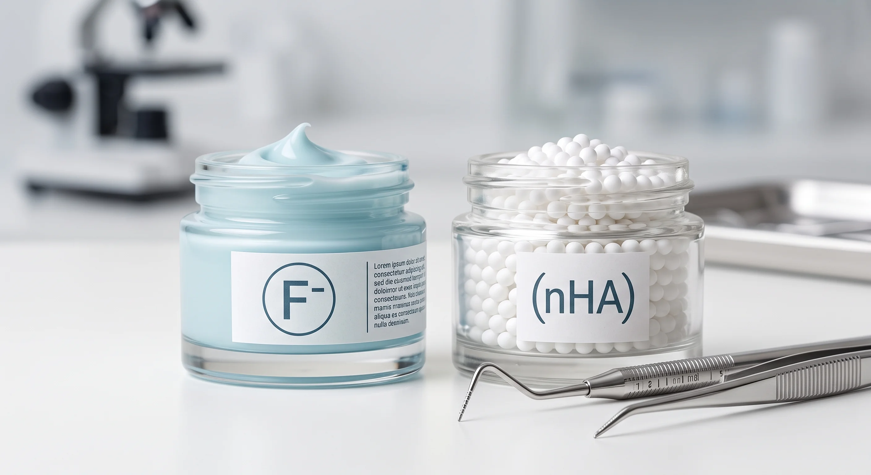 Two clinical jars labeled F- (Fluoride) and nHA (Nano-hydroxyapatite) alongside dental instruments in a laboratory setting.