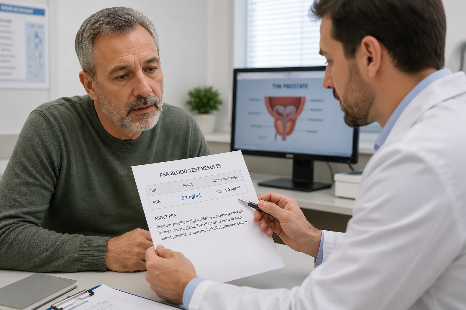 Male patient reviewing PSA blood test results with a healthcare provider in a clinical setting