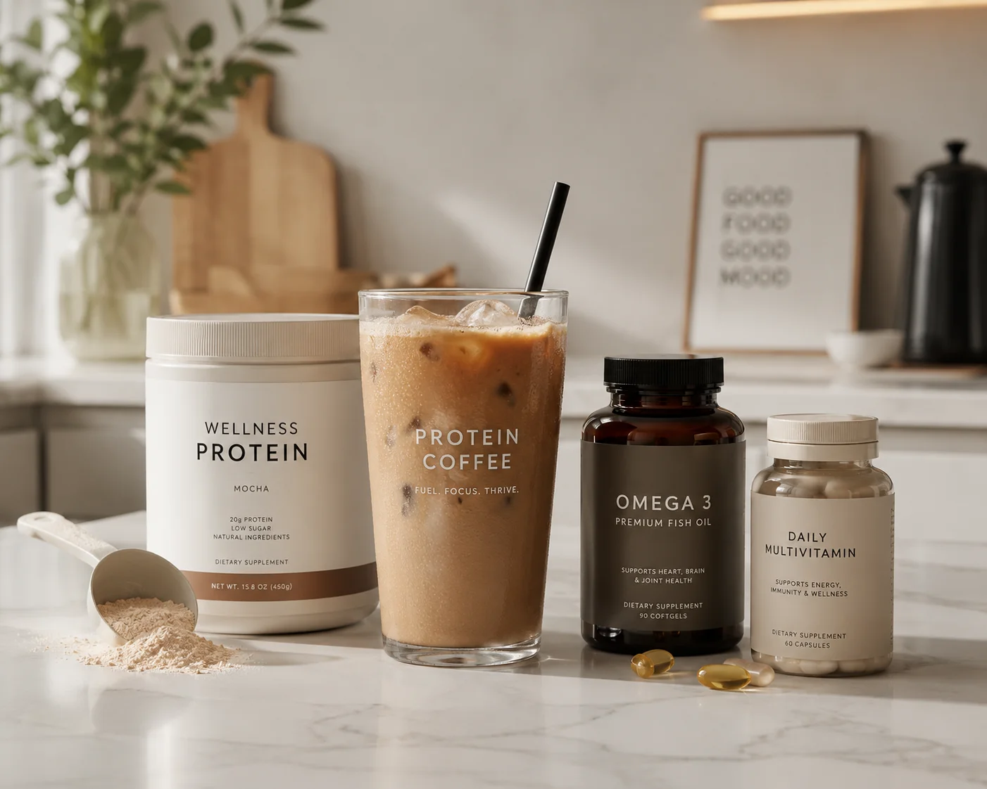 A sleek glass of iced protein coffee alongside premium morning wellness supplements on a modern minimalist kitchen counter.
