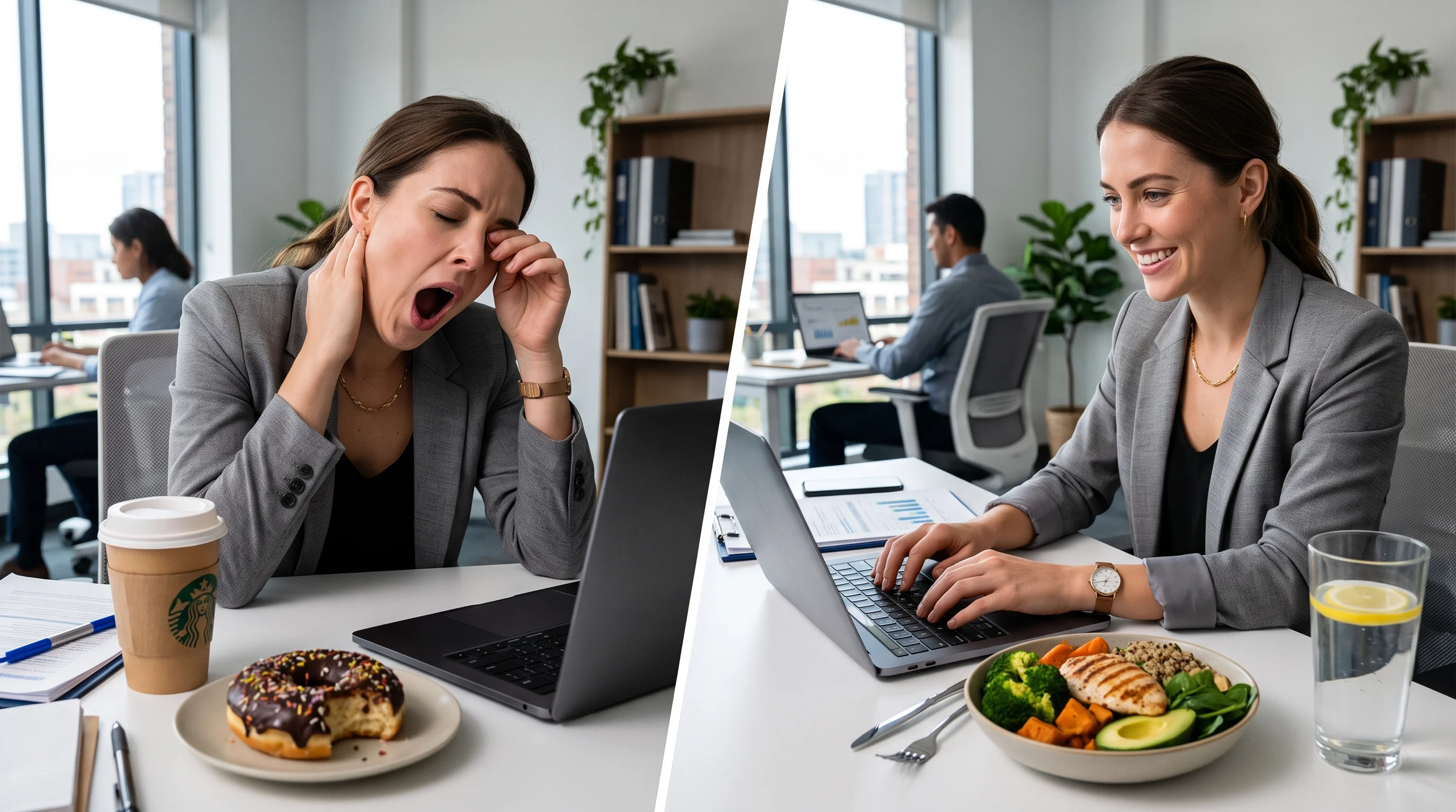 Split-screen comparison showing a tired office worker yawning next to a sugary donut and coffee on the left, contrasted with the same person looking energetic and focused next to a healthy high-protein meal and water on the right.