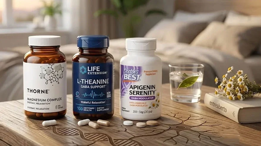 Magnesium, L-Theanine, and Apigenin supplement bottles arranged on a bedside table.